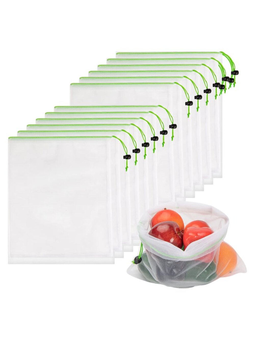 Reusable Mesh Produce Bags Set of 12 Medium Drawstring Washable Polyester